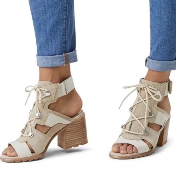 Sorel Nadia Lace Up Sandals Size 9 Leather Strappy Chunky Heel Ancient Fossil - Picture 1 of 13